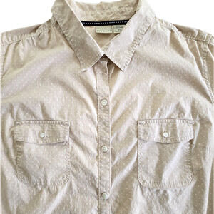 LL Bean Shirt Womens 2XL Tan Polka Dot Roll Tab Sleeve Preppy Minimalist Casual